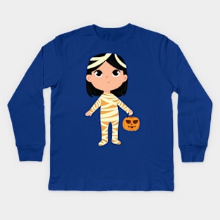 Halloween Kid dressed as mummy holding Pumpkin Kids Long Sleeve T-Shirt